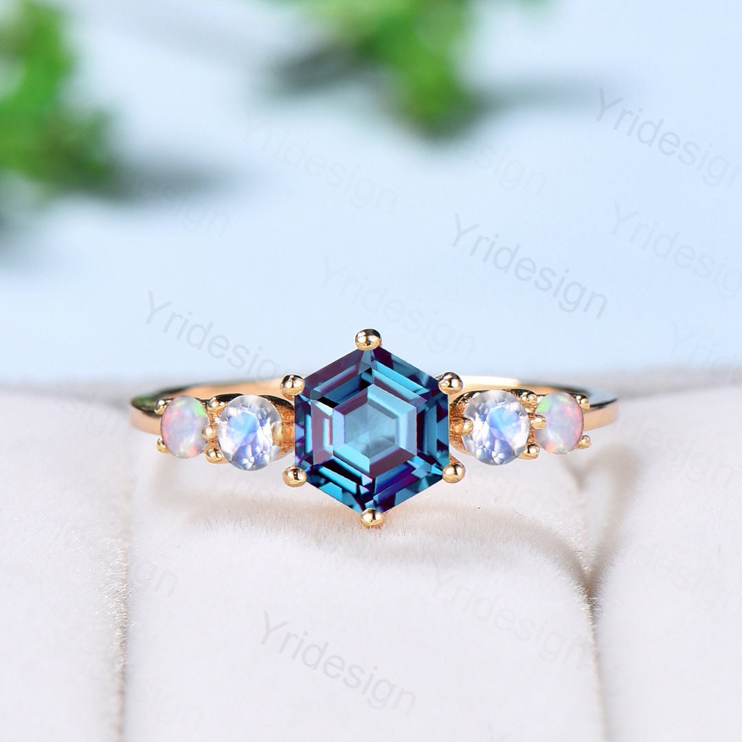 Vintage Alexandrite Engagement Ring Hexagon Cut Five Stone Promise Ring Accent Moss Agate/Emerald/Ruby/Amethyst/Opal Moonstone Bridal Ring - PENFINE