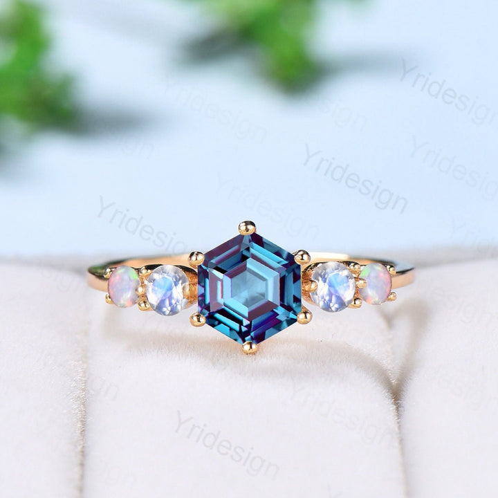 Vintage Alexandrite Engagement Ring Hexagon Cut Five Stone Promise Ring Accent Moss Agate/Emerald/Ruby/Amethyst/Opal Moonstone Bridal Ring - PENFINE