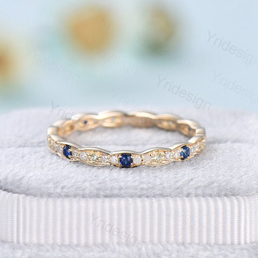 Sapphire peridot diamond wedding ring band solid 14K 18k yellow gold full eternity diamond stacking matching band art deco engagement ring - PENFINE