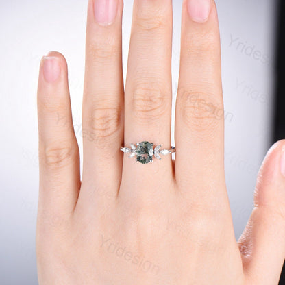 1.5CT Oval Natural Moss Agate Engagement Ring Cluster Diamond Green Agate Wedding Ring Art Deco Vintage Retro Green Crystal Anniversary Ring - PENFINE