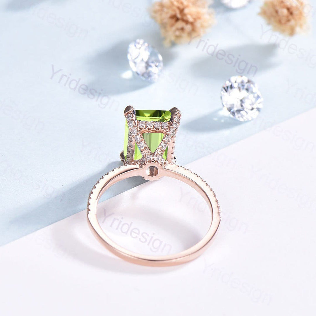 Vintage Emerald Cut Peridot Engagement Ring Set Hidden Halo Basket 3CT Peridot Eternity Bridal Ring Women Rose Gold Anniversary Wedding Set - PENFINE