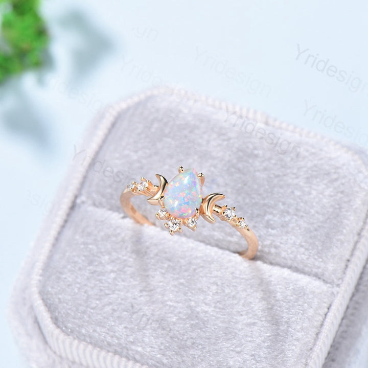 Vintage White Fire Opal Ring Rose Gold Moon Pear Shaped Opal Engagement Ring Art Deco Diamond Women Wedding Ring Anniversary Promise Ring - PENFINE