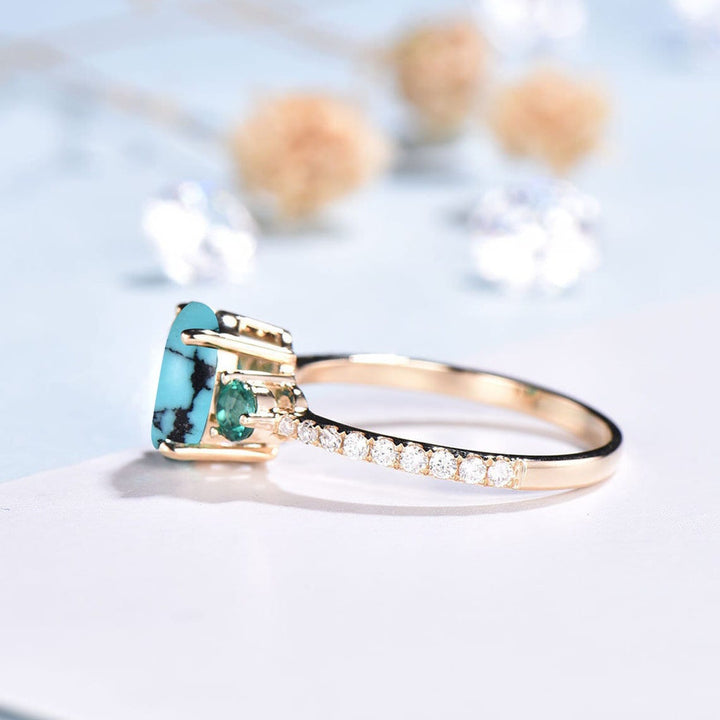 Oval Turquoise Engagement Ring, Emerald Diamond Three Stone Bridal Ring - PENFINE