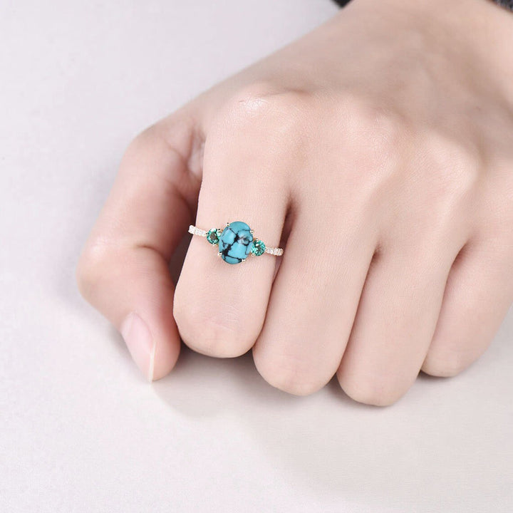 Oval Turquoise Engagement Ring, Emerald Diamond Three Stone Bridal Ring - PENFINE
