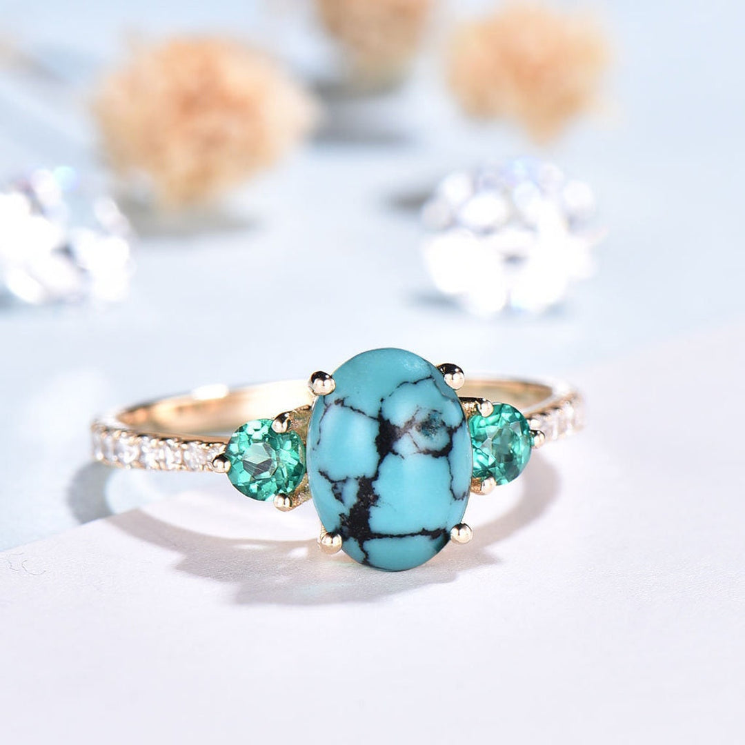 Oval Turquoise Engagement Ring, Emerald Diamond Three Stone Bridal Ring - PENFINE