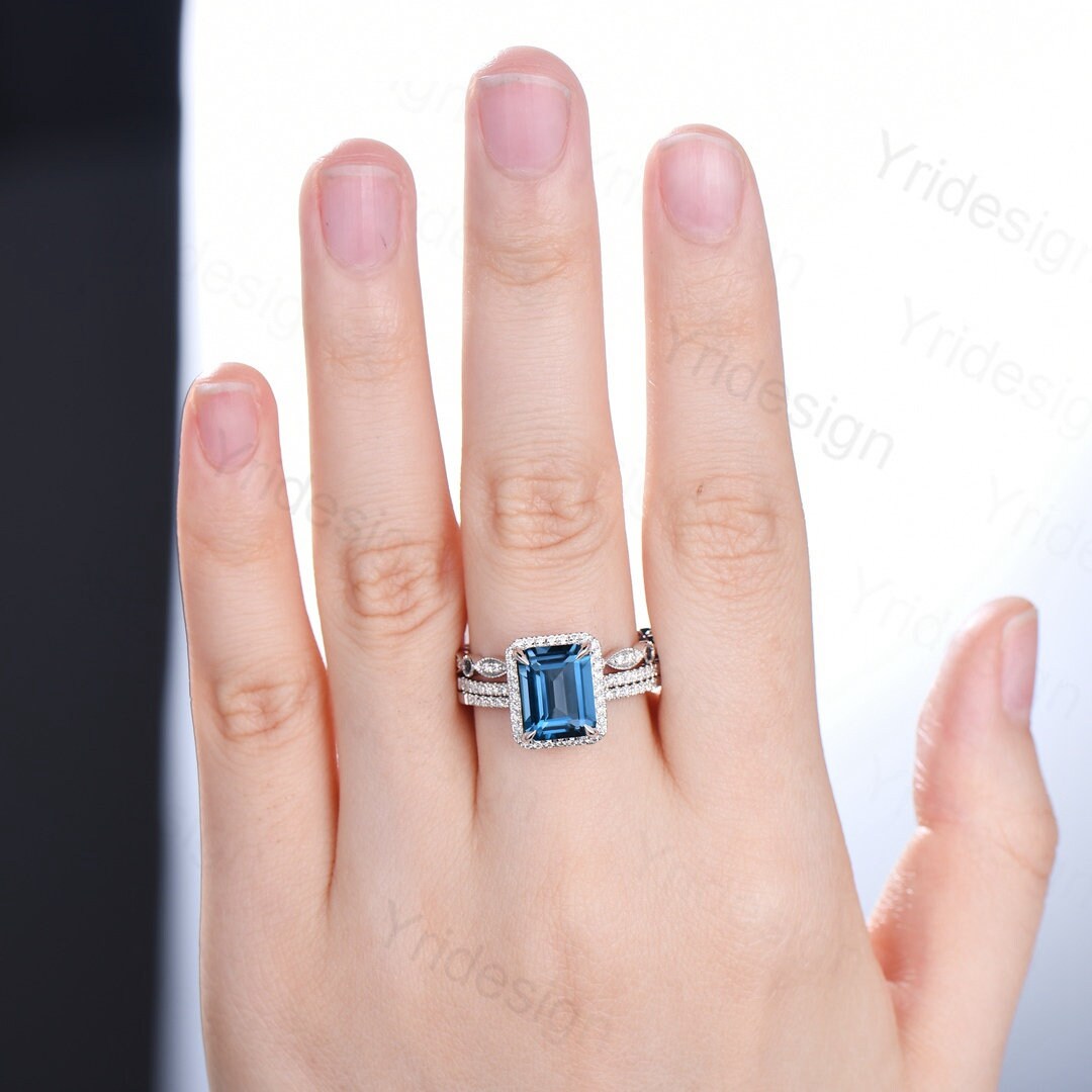 Emerald cut London Blue Topaz Engagement Ring Solid 14k White gold Halo diamond topaz bridal set art deco bridal wedding ring set for women - PENFINE