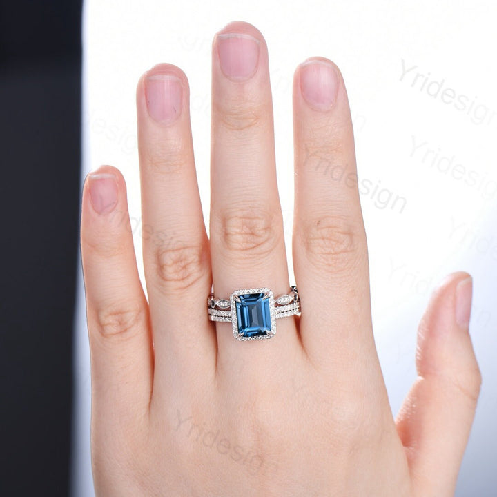 Emerald cut London Blue Topaz Engagement Ring Solid 14k White gold Halo diamond topaz bridal set art deco bridal wedding ring set for women - PENFINE