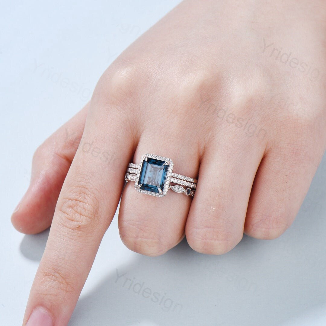 Emerald cut London Blue Topaz Engagement Ring Solid 14k White gold Halo diamond topaz bridal set art deco bridal wedding ring set for women - PENFINE