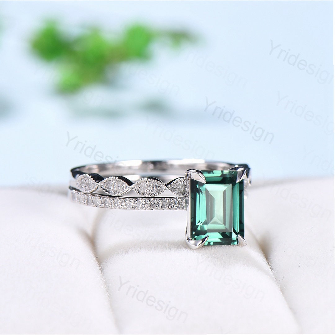 Emerald Cut Lab Green Sapphire Engagement Ring Set, White Gold - PENFINE