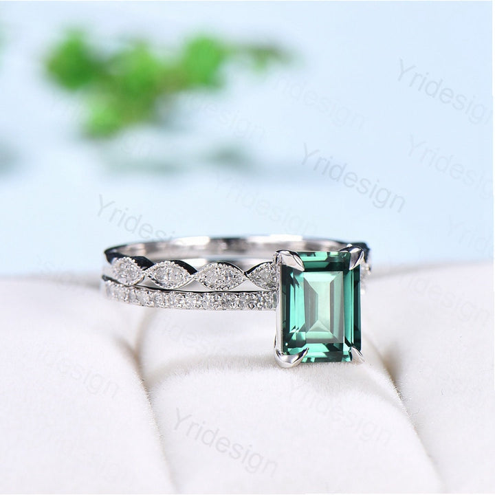 Emerald Cut Lab Green Sapphire Engagement Ring Set, White Gold - PENFINE