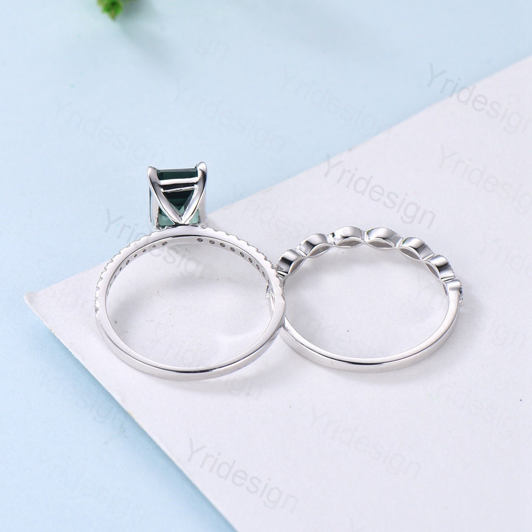 Emerald Cut Lab Green Sapphire Engagement Ring Set, White Gold - PENFINE