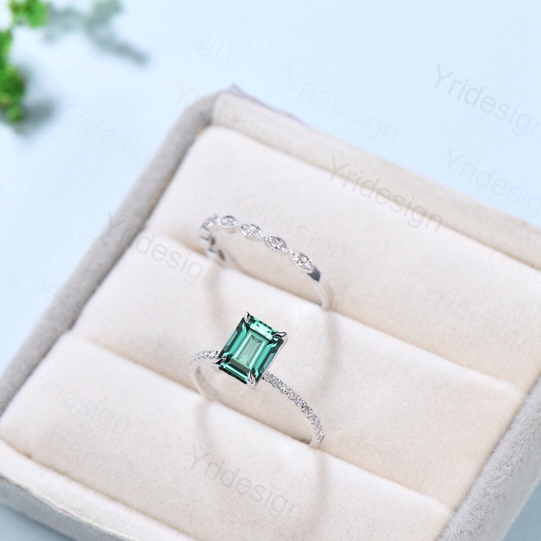 Emerald Cut Lab Green Sapphire Engagement Ring Set, White Gold - PENFINE