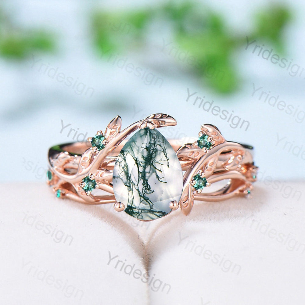 Black gold pear shaped moss agate wedding ring set, Nature inspired green agate twig vine engagement ring set, Leafy bridal ring set for her - PENFINE