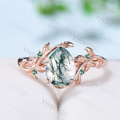 Black gold pear shaped moss agate wedding ring set, Nature inspired green agate twig vine engagement ring set, Leafy bridal ring set for her - PENFINE