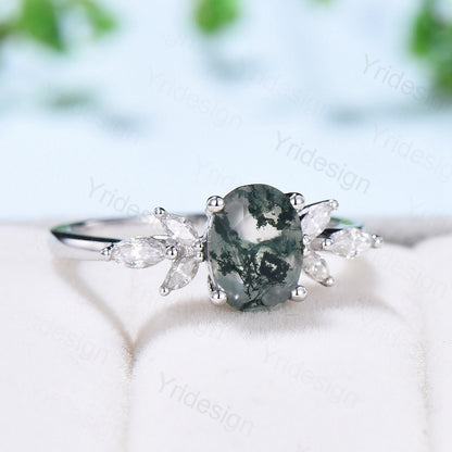 1.5CT Oval Natural Moss Agate Engagement Ring Cluster Diamond Green Agate Wedding Ring Art Deco Vintage Retro Green Crystal Anniversary Ring - PENFINE