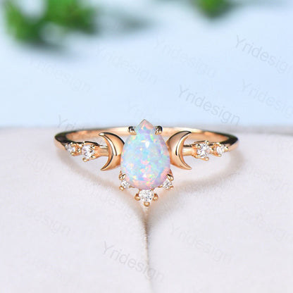 Vintage White Fire Opal Ring Rose Gold Moon Pear Shaped Opal Engagement Ring Art Deco Diamond Women Wedding Ring Anniversary Promise Ring - PENFINE