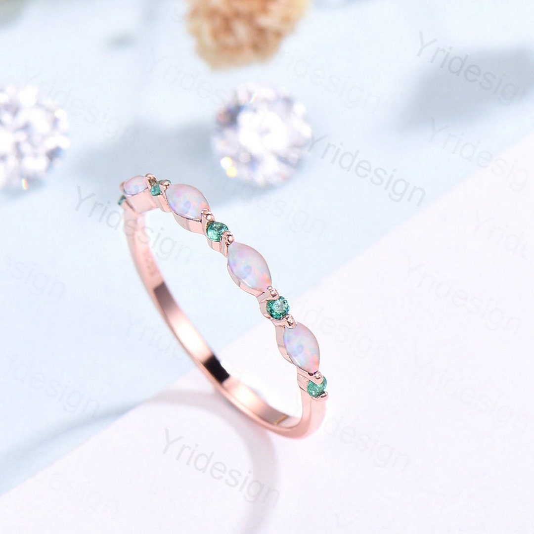 Rose Gold Opal Wedding Band, Emerald Art Deco Stacking Ring - PENFINE