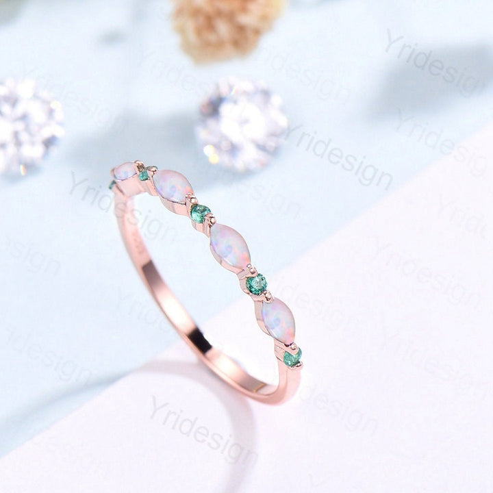 Rose Gold Opal Wedding Band, Emerald Art Deco Stacking Ring - PENFINE