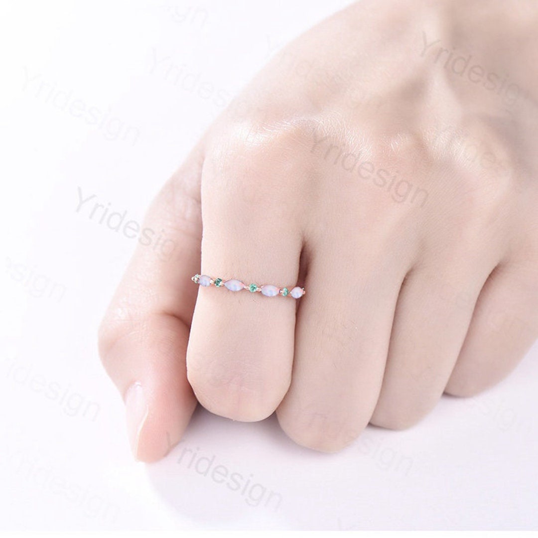Rose Gold Opal Wedding Band, Emerald Art Deco Stacking Ring - PENFINE