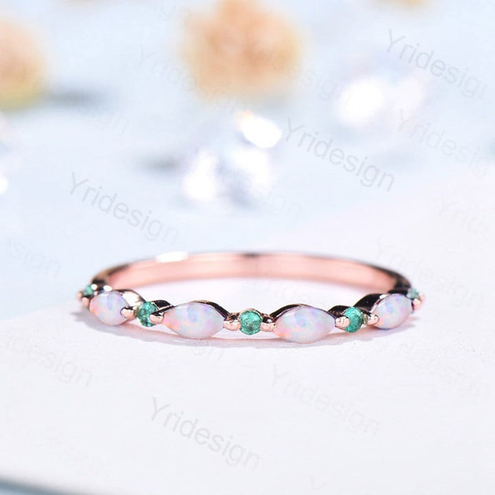 Rose Gold Opal Wedding Band, Emerald Art Deco Stacking Ring - PENFINE