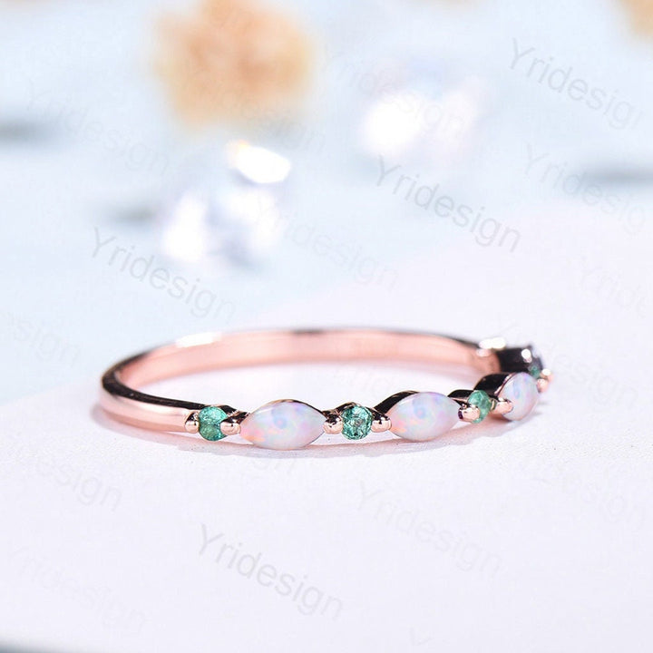 Rose Gold Opal Wedding Band, Emerald Art Deco Stacking Ring - PENFINE