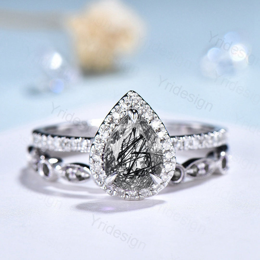 18K White Gold Black Rutilated Quartz Ring Set, Halo Diamond Bridal Set - PENFINE