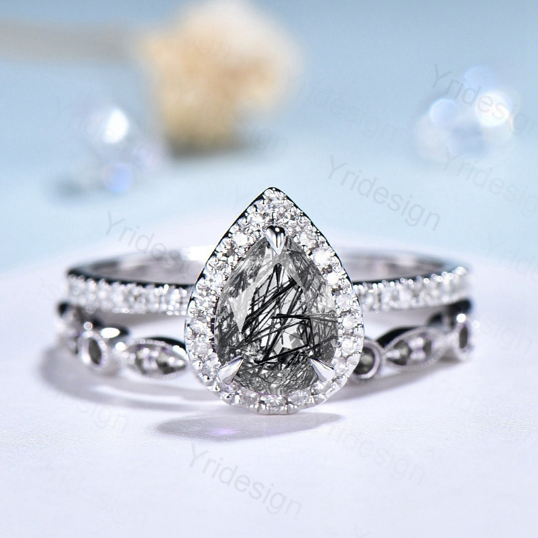 18K White Gold Black Rutilated Quartz Ring Set, Halo Diamond Bridal Set - PENFINE