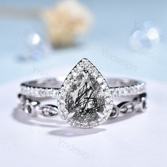 18K White Gold Black Rutilated Quartz Ring Set, Halo Diamond Bridal Set - PENFINE