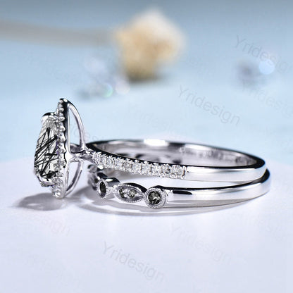 18K White Gold Black Rutilated Quartz Ring Set, Halo Diamond Bridal Set - PENFINE