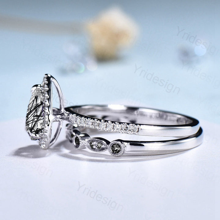 18K White Gold Black Rutilated Quartz Ring Set, Halo Diamond Bridal Set - PENFINE