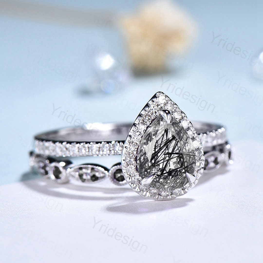 18K White Gold Black Rutilated Quartz Ring Set, Halo Diamond Bridal Set - PENFINE