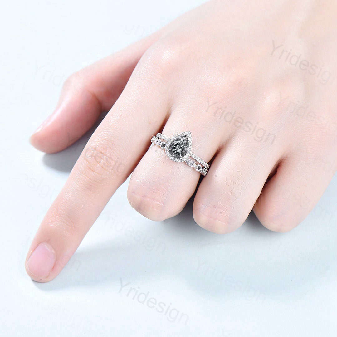18K White Gold Black Rutilated Quartz Ring Set, Halo Diamond Bridal Set - PENFINE