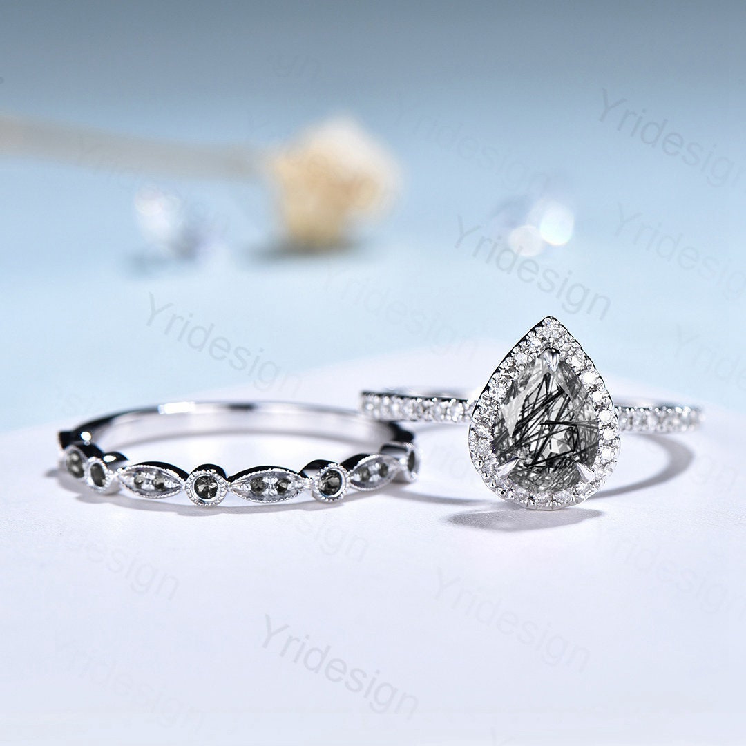 18K White Gold Black Rutilated Quartz Ring Set, Halo Diamond Bridal Set - PENFINE