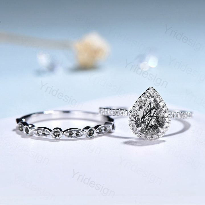 18K White Gold Black Rutilated Quartz Ring Set, Halo Diamond Bridal Set - PENFINE