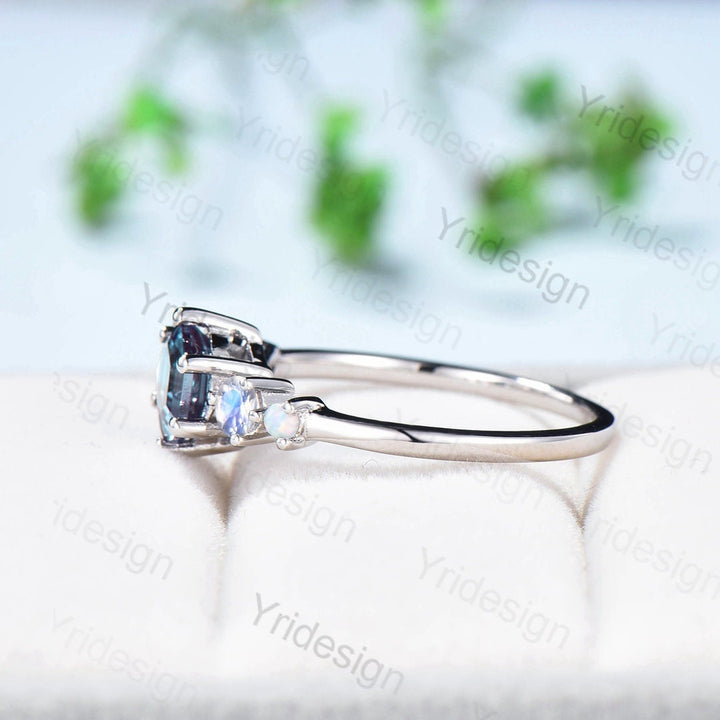 Vintage Alexandrite Engagement Ring Hexagon Cut Five Stone Promise Ring Accent Moss Agate/Emerald/Ruby/Amethyst/Opal Moonstone Bridal Ring - PENFINE
