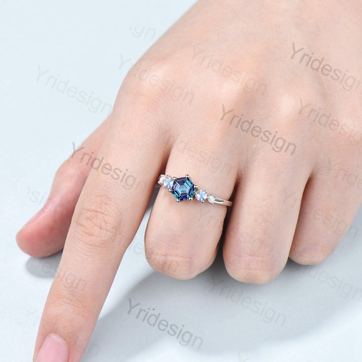 Vintage Alexandrite Engagement Ring Hexagon Cut Five Stone Promise Ring Accent Moss Agate/Emerald/Ruby/Amethyst/Opal Moonstone Bridal Ring - PENFINE
