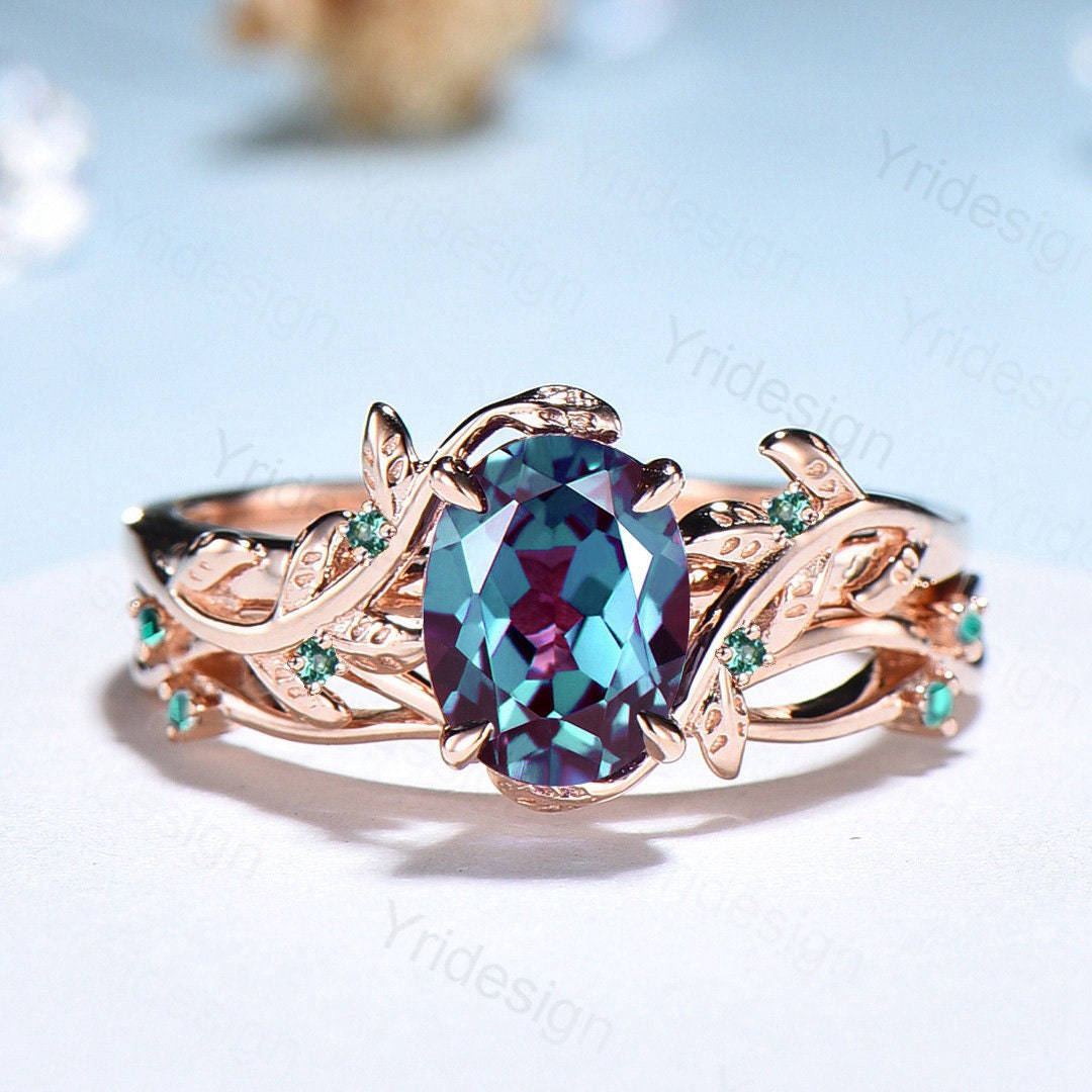 Natural Inspired Leaf alexandrite ring set cluster emerald color changing engagement ring unique green stone gold wedding ring set for women - PENFINE