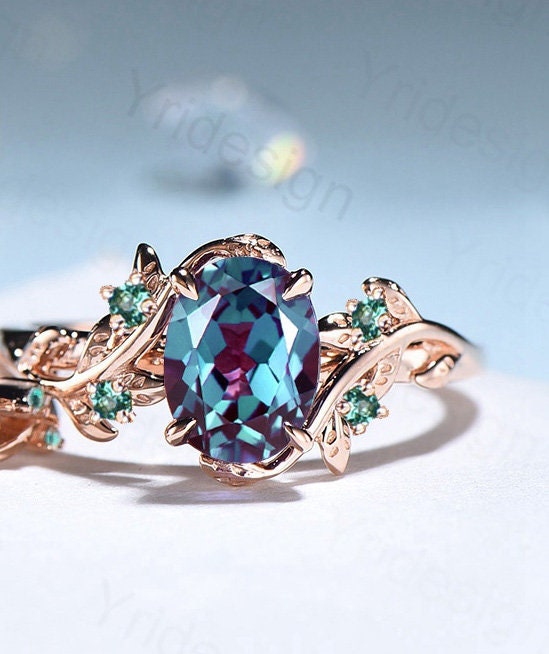 Natural Inspired Leaf alexandrite ring set cluster emerald color changing engagement ring unique green stone gold wedding ring set for women - PENFINE