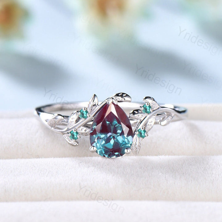 Nature Inspired Alexandrite Leaf Branch Engagement Ring Vintage Unique Pear Color Change Stone Ring Cluster Twig Wedding Ring Proposal Gifts - PENFINE