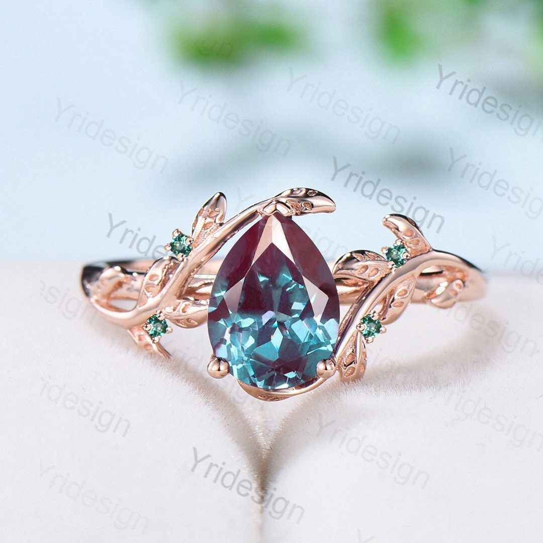 Nature Inspired Alexandrite Leaf Branch Engagement Ring Vintage Unique Pear Color Change Stone Ring Cluster Twig Wedding Ring Proposal Gifts - PENFINE