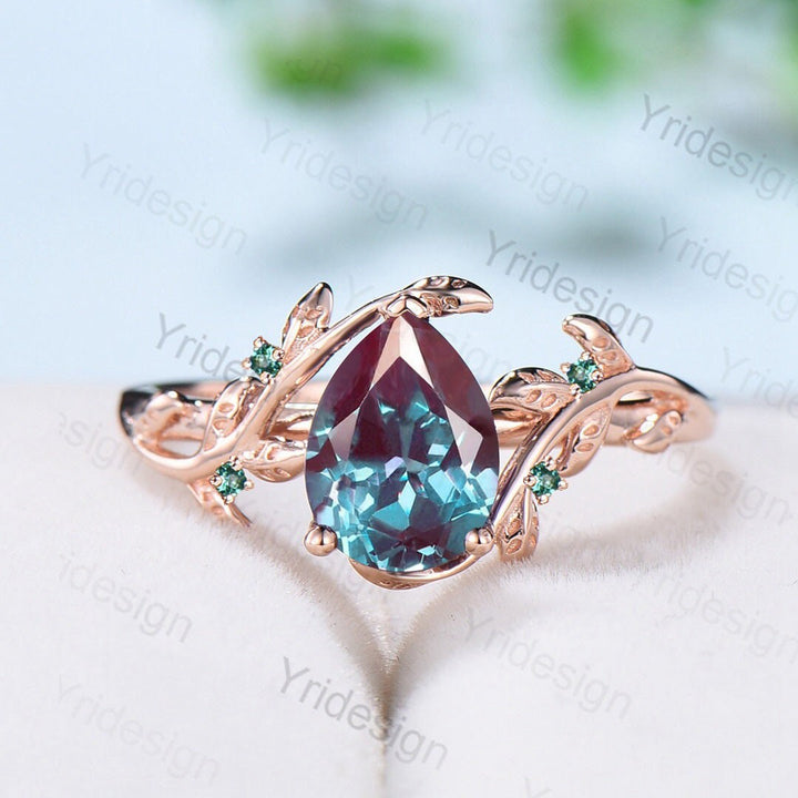 Nature Inspired Alexandrite Leaf Branch Engagement Ring Vintage Unique Pear Color Change Stone Ring Cluster Twig Wedding Ring Proposal Gifts - PENFINE