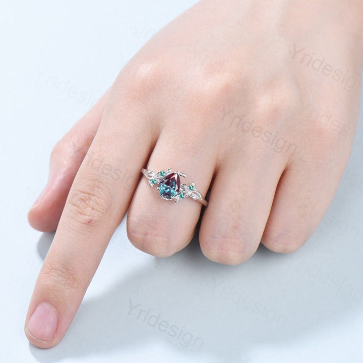 Nature Inspired Alexandrite Leaf Branch Engagement Ring Vintage Unique Pear Color Change Stone Ring Cluster Twig Wedding Ring Proposal Gifts - PENFINE
