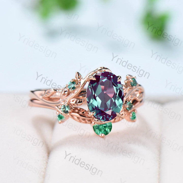 Unique leaf alexandrite wedding ring set Natural Inspired twig engagement ring unique leaves emerald stacking band Branch bridal set women - PENFINE