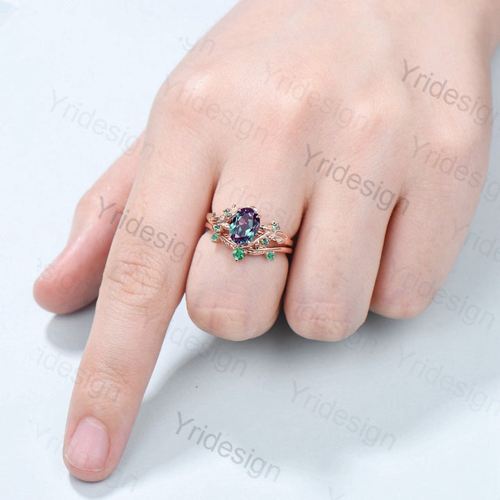 Unique leaf alexandrite wedding ring set Natural Inspired twig engagement ring unique leaves emerald stacking band Branch bridal set women - PENFINE