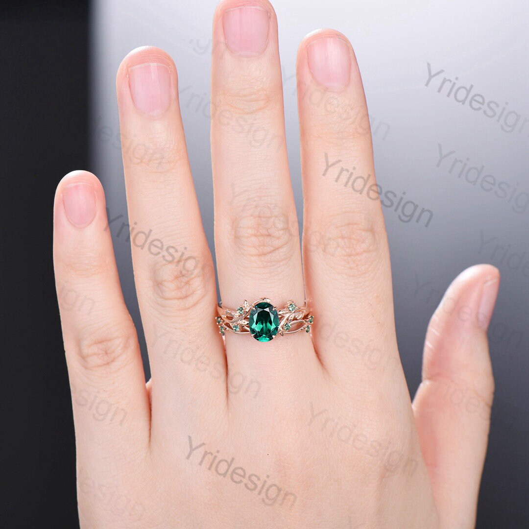 Unique black gold emerald ring set Nature Inspired oval emerald engagement ring vintage May birthstone leaf vine wedding ring set for women - PENFINE