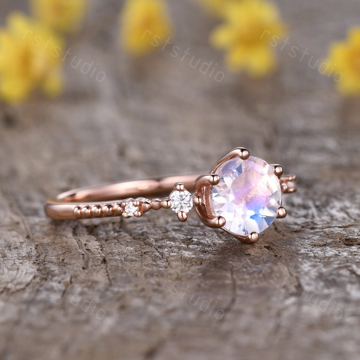Antique Rainbow Moonstone Engagement Ring, Diamond 14K Gold Filigree Band