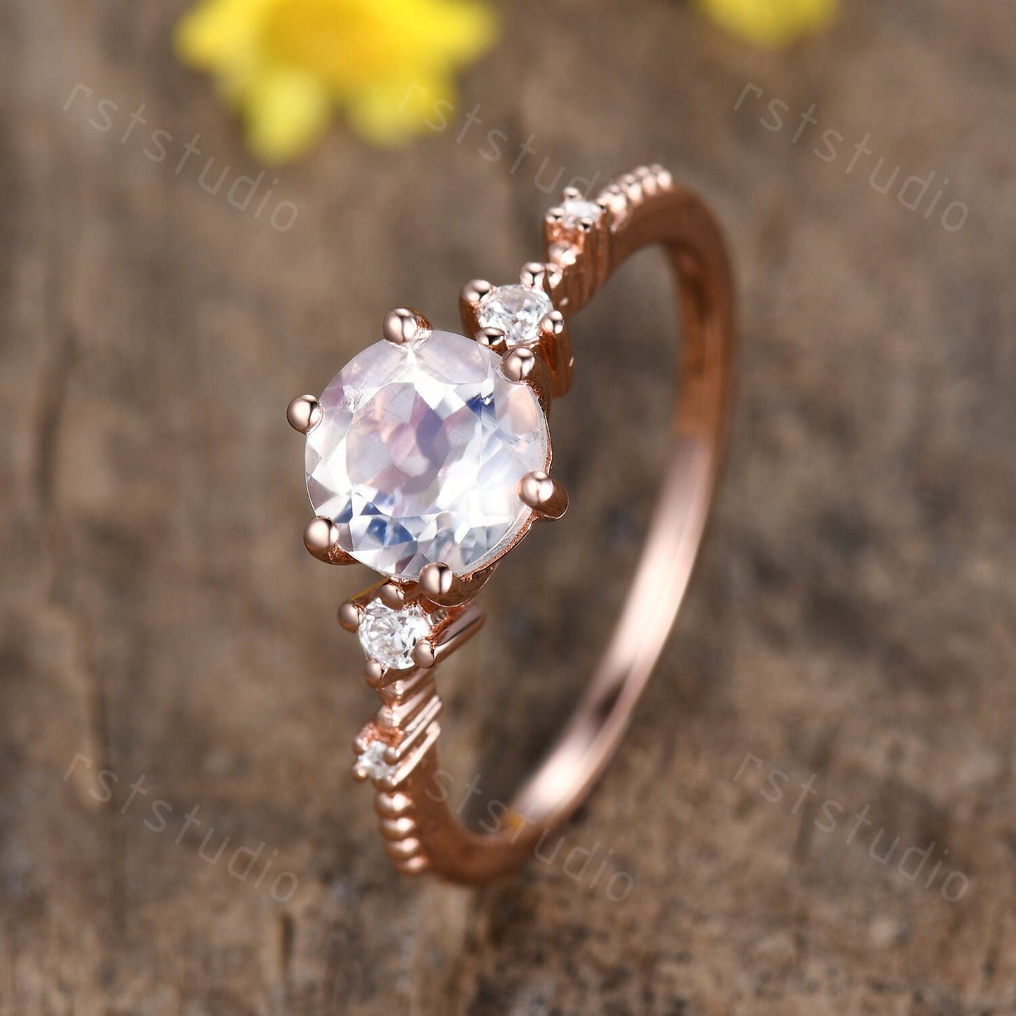 Antique Rainbow Moonstone Engagement Ring, Diamond 14K Gold Filigree Band