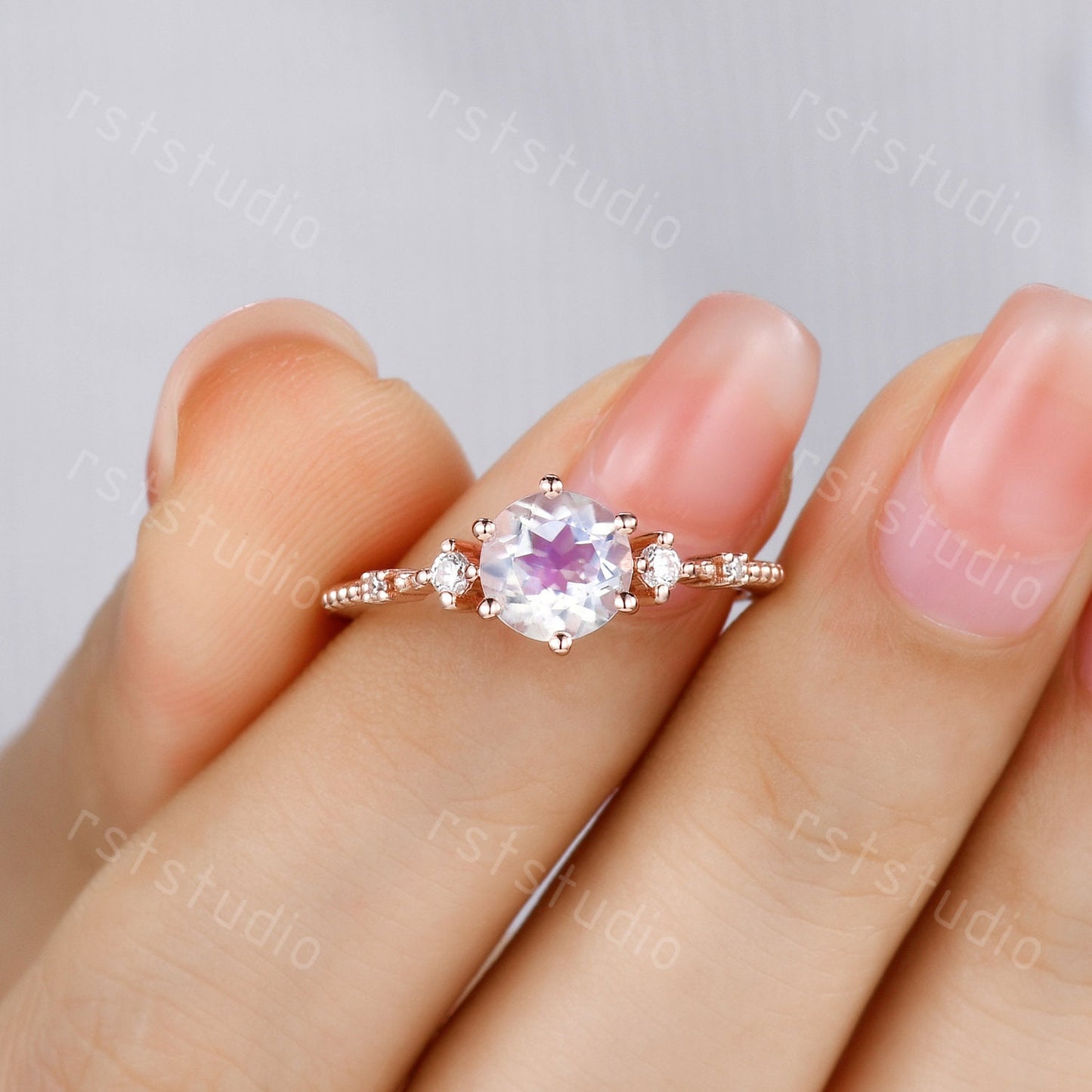 Antique Rainbow Moonstone Engagement Ring, Diamond 14K Gold Filigree Band