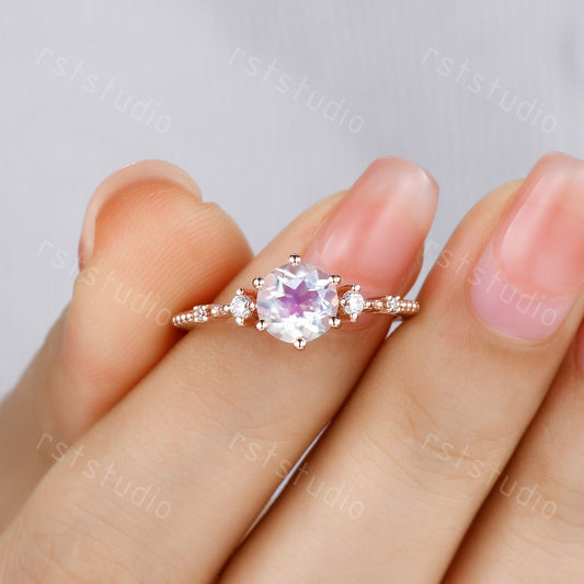Antique Rainbow Moonstone Engagement Ring, Diamond 14K Gold Filigree Band