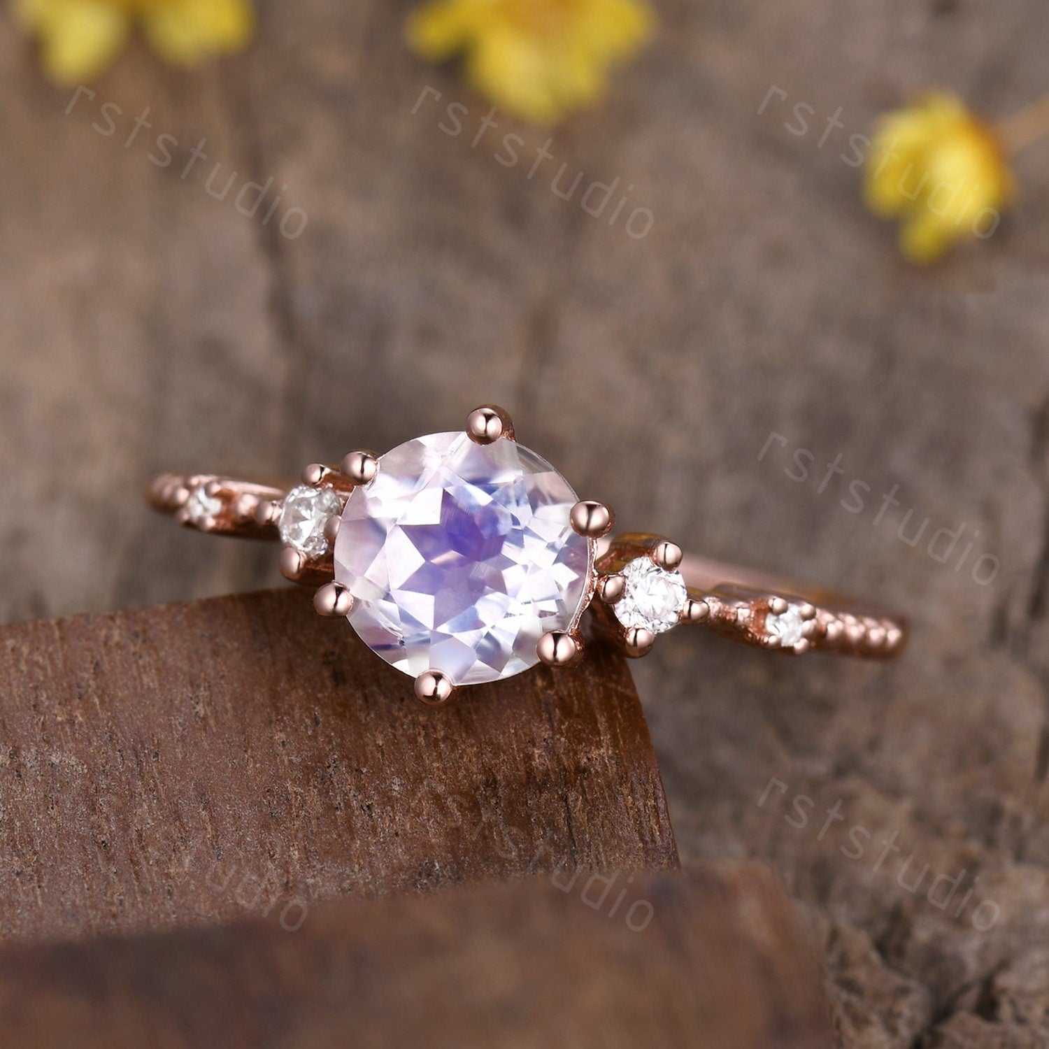 Antique Rainbow Moonstone Engagement Ring, Diamond 14K Gold Filigree Band